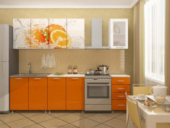 Кухонный гарнитур 1,6м Апельсин (Белый/Оранжевый металлик/Фотопечать апельсин) в Удачном - udachnyj.mebel54.com | фото